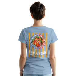 Back view of women's light blue retro t-shirt featuring striped fruit back print with vintage peach graphic and Urban Palm Trees typography.