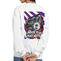 White sweatshirt back featuring a colorful retro boombox graphic with a palm tree and bold "Made to Make Noise" text.