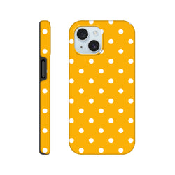 Orange and white polka dot tough iPhone case with shock-absorbing TPU shell, precise port access, and wireless charging support for iPhone 13-16.