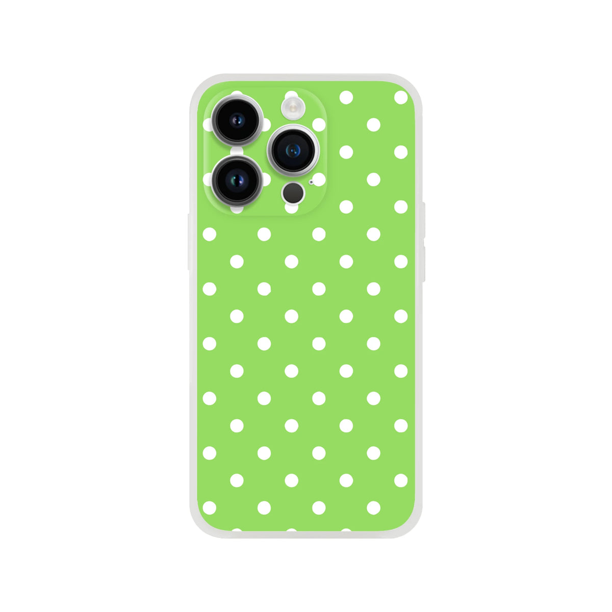 Retro green and white polka dot iPhone case with shock-absorbing thermoplastic polyurethane for impact resistant protection.