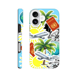 Travel themed iPhone case featuring palm trees, airplanes, passports, and compass graphics on a blue background.