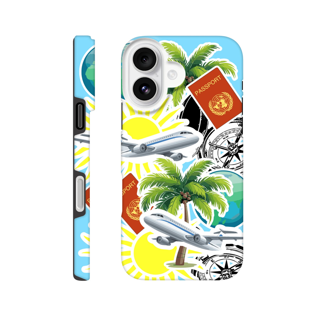 Travel themed iPhone case featuring palm trees, airplanes, passports, and compass graphics on a blue background.