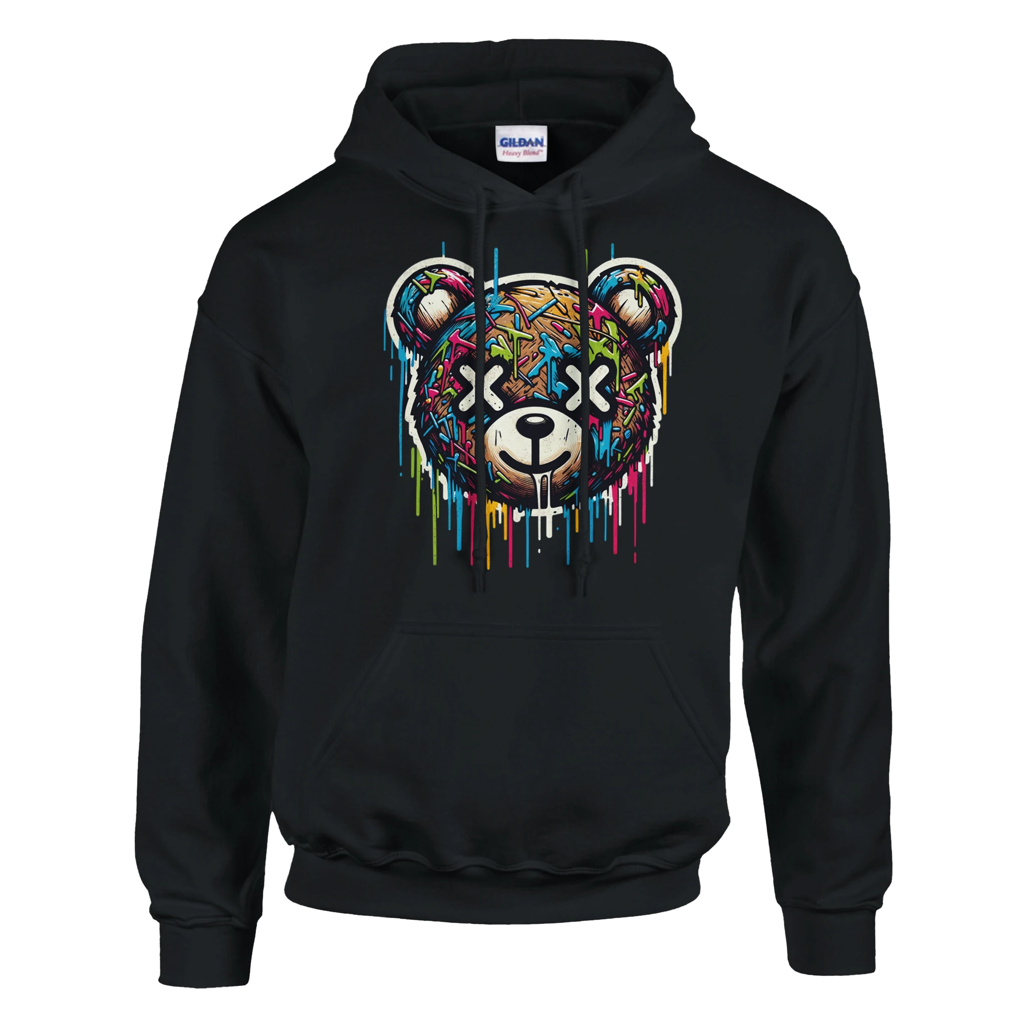 Black men's teddy bear hoodie with a colorful dripping graffiti bear graphic; 50/50 cotton-poly blend, sizes S-XL.