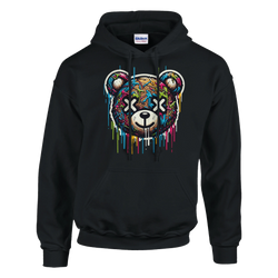 Black men's teddy bear hoodie with a colorful dripping graffiti bear graphic; 50/50 cotton-poly blend, sizes S-XL.