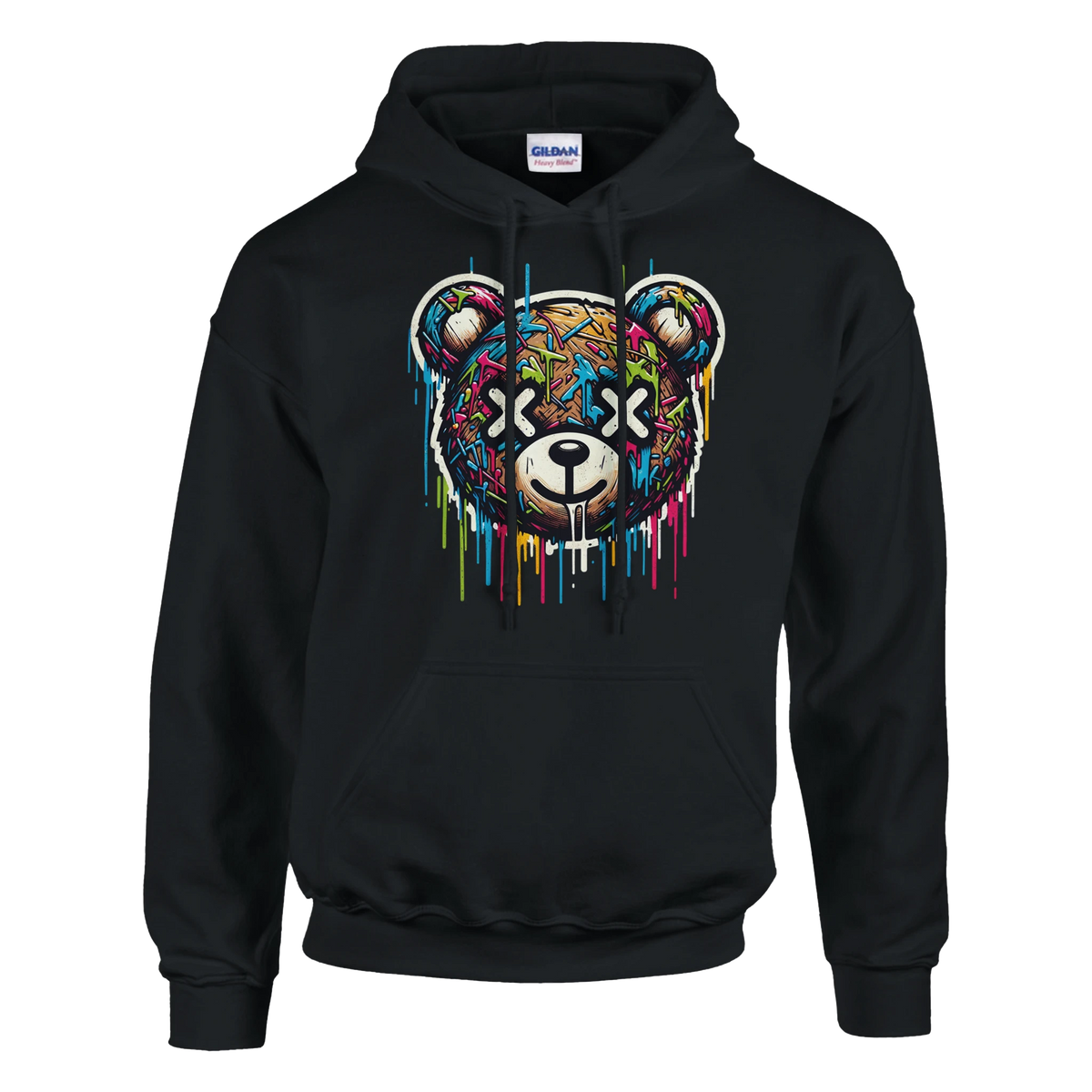 Black men's teddy bear hoodie with a colorful dripping graffiti bear graphic; 50/50 cotton-poly blend, sizes S-XL.