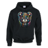Black men's teddy bear hoodie with a colorful dripping graffiti bear graphic; 50/50 cotton-poly blend, sizes S-XL.
