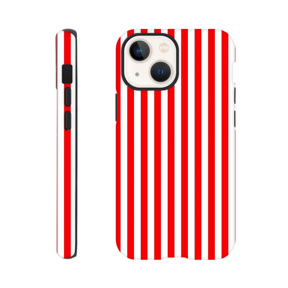 Retro red and white vertically striped tough iPhone case with wraparound design and black bumper protection.