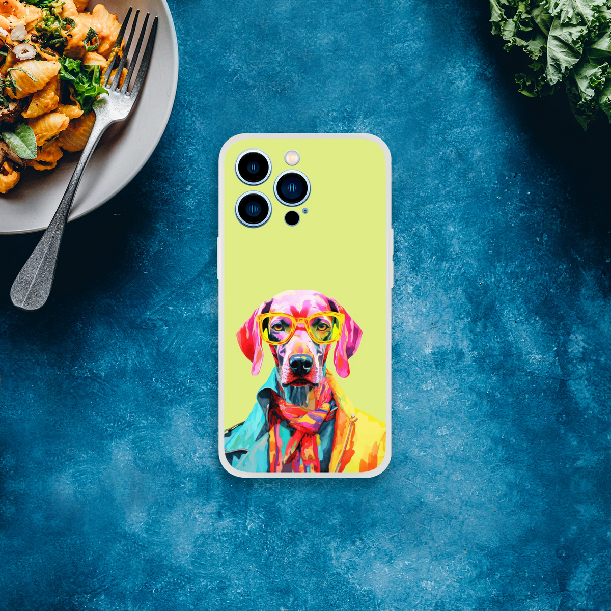 Funny Dog iPhone Case 13-16 in lime with colorful dog wearing sunglasses; slim matte, shock-absorbing TPU.