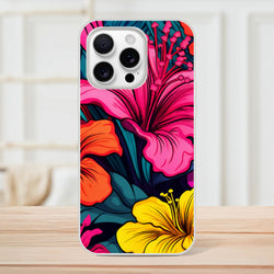 Colourful tropical hibiscus floral iPhone case for iPhone 13-16 with slim, matte finish.