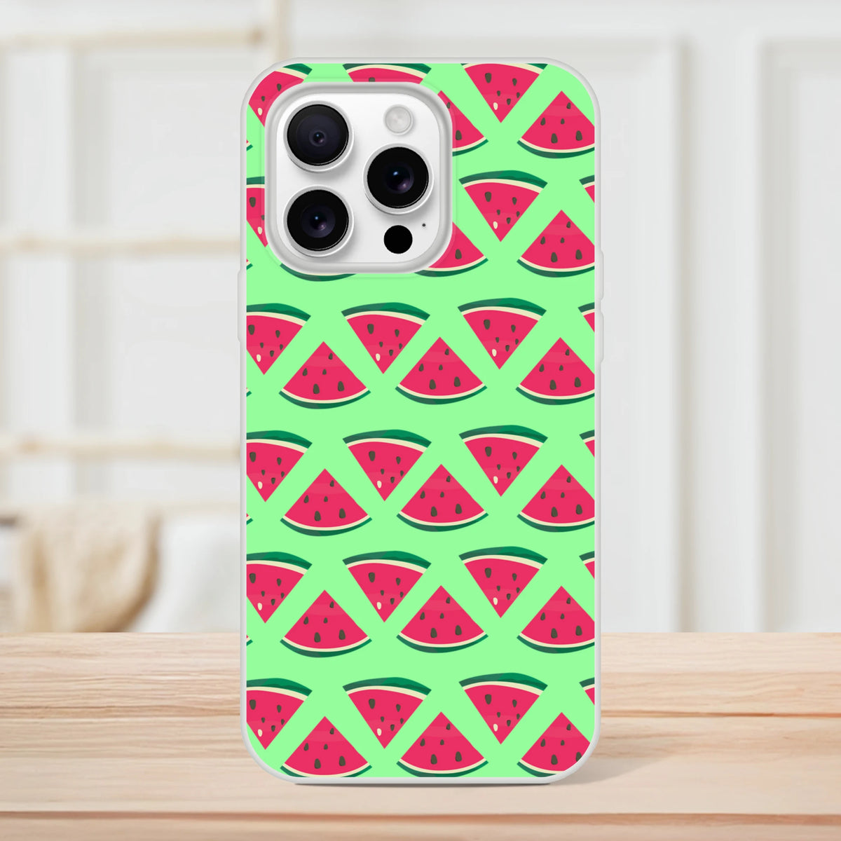 Cute summer watermelon pattern iPhone case with vibrant pink slices on a light green background, featuring slim matte finish and shock absorption.