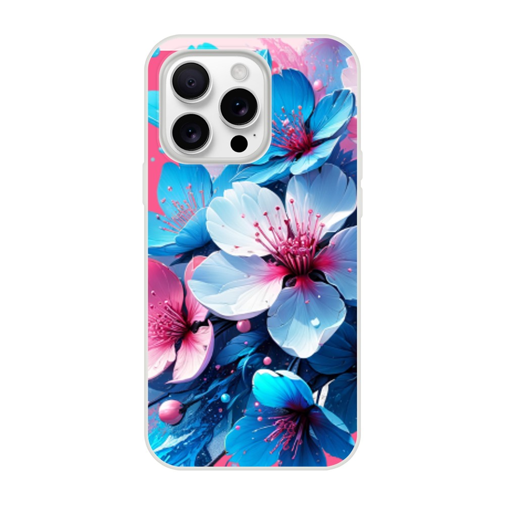 Blossom Floral iPhone Case with pastel blue-pink flowers, slim TPU protective cover for iPhone 16, 15, 14, 13