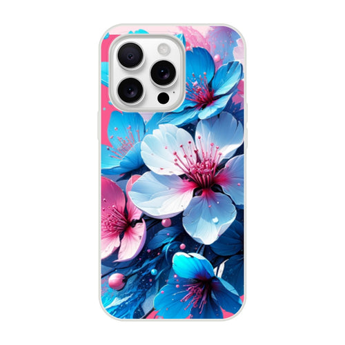 Blossom Floral iPhone Case with pastel blue-pink flowers, slim TPU protective cover for iPhone 16, 15, 14, 13