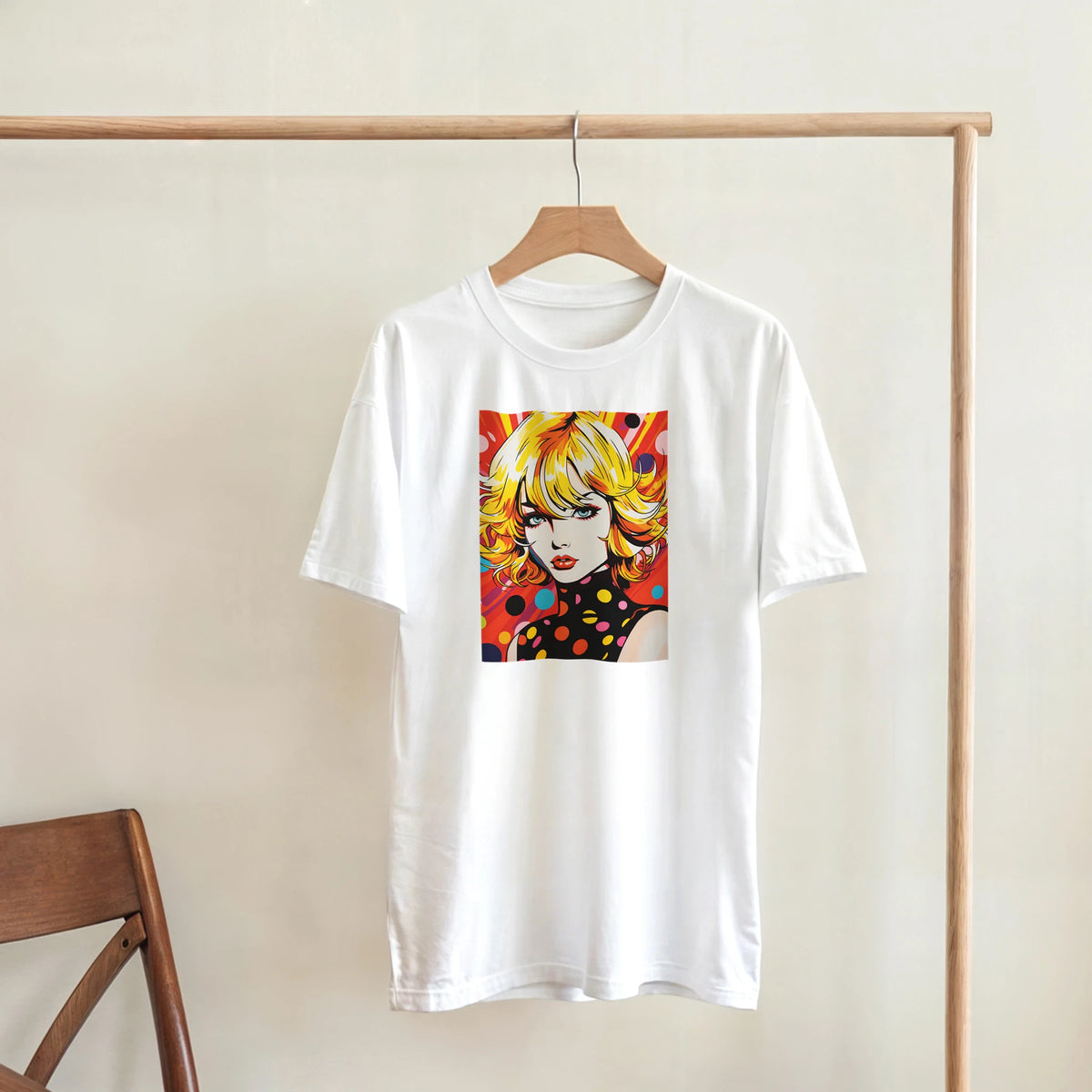 White men's 70s pop-art girl T-shirt on a wooden hanger, bold retro psychedelic streetwear graphic.