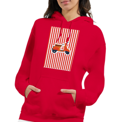 Red women's hoodie featuring a vintage orange scooter graphic on vertical red and white stripes. Vintage Mod style pullover.