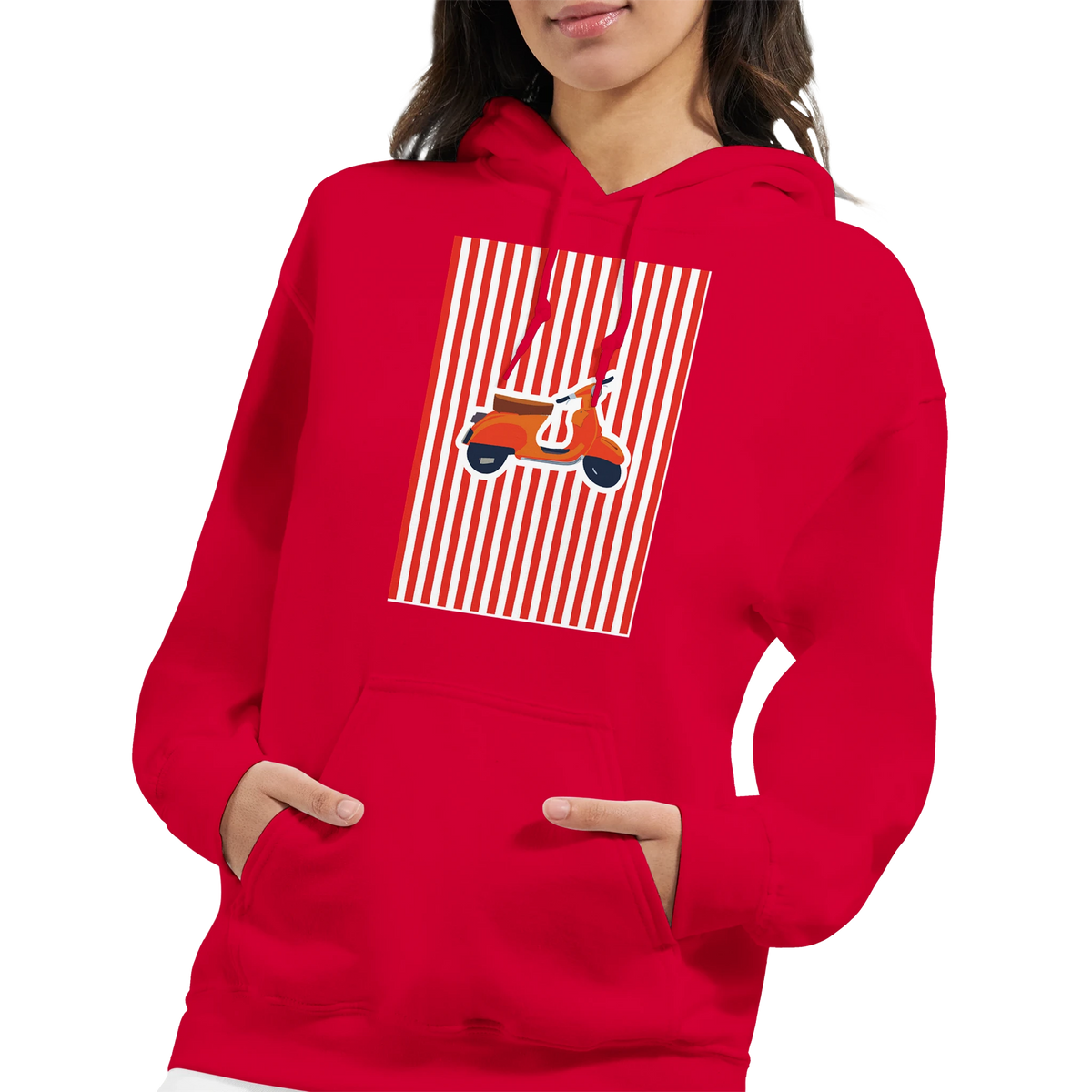 Red women's hoodie featuring a vintage orange scooter graphic on vertical red and white stripes. Vintage Mod style pullover.