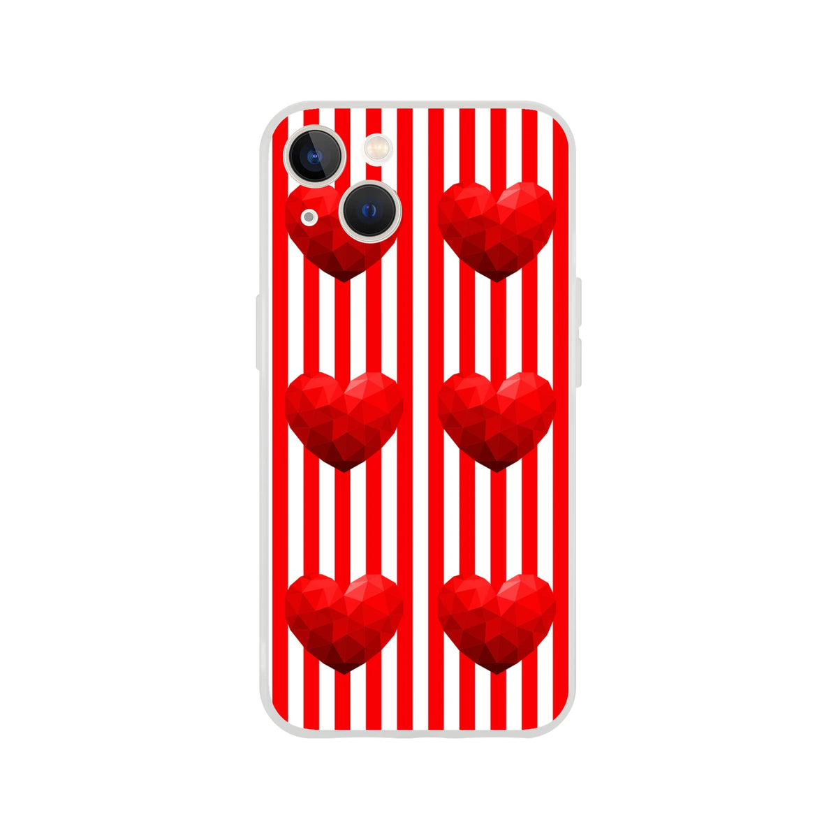 Red Stripe Heart iPhone case for 13–16 with bold red hearts on white stripes, cute romantic aesthetic