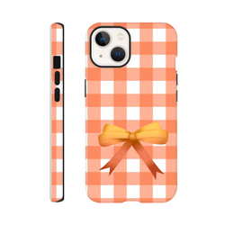 Orange gingham iPhone case featuring a yellow coquette bow and tough, impact-resistant protection for daily commutes.