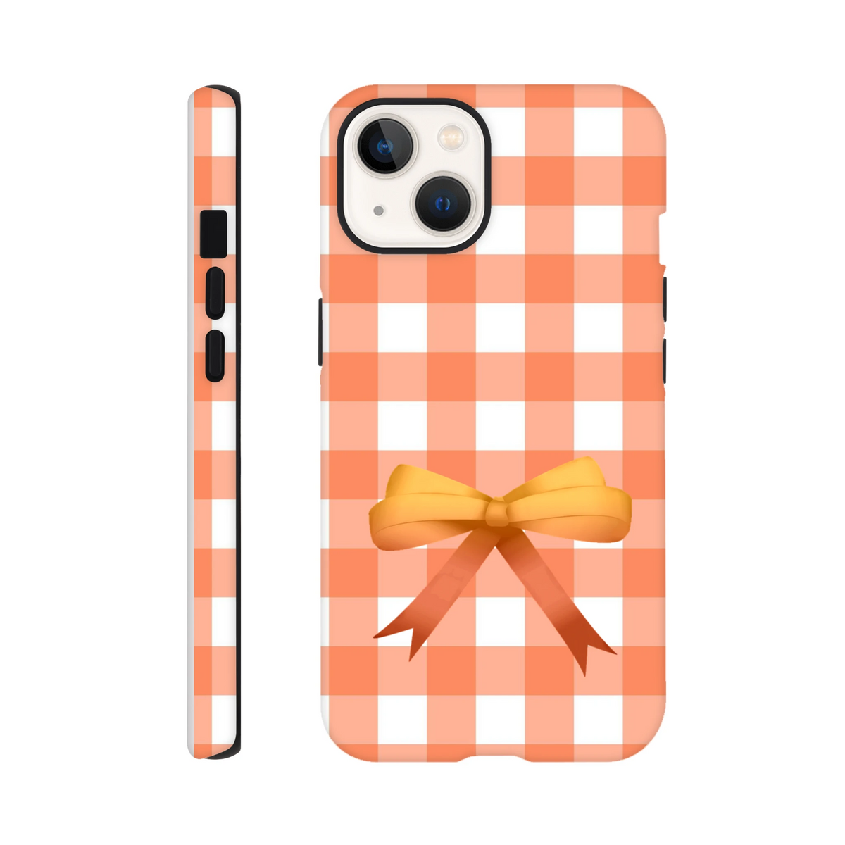 Orange gingham iPhone case featuring a yellow coquette bow and tough, impact-resistant protection for daily commutes.