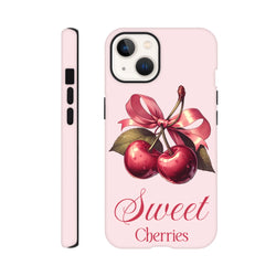 Pink iPhone case featuring vintage red cherries tied with a glossy ribbon bow and Sweet Cherries script text.