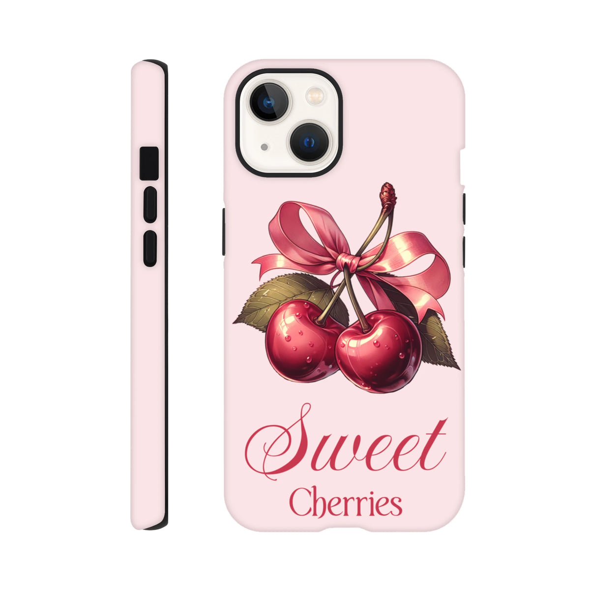Pink iPhone case featuring vintage red cherries tied with a glossy ribbon bow and Sweet Cherries script text.
