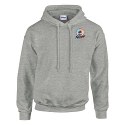 Gray men's streetwear hoodie featuring a colorful circular Urban Palm Trees Full Send logo on the chest with matching drawstrings.