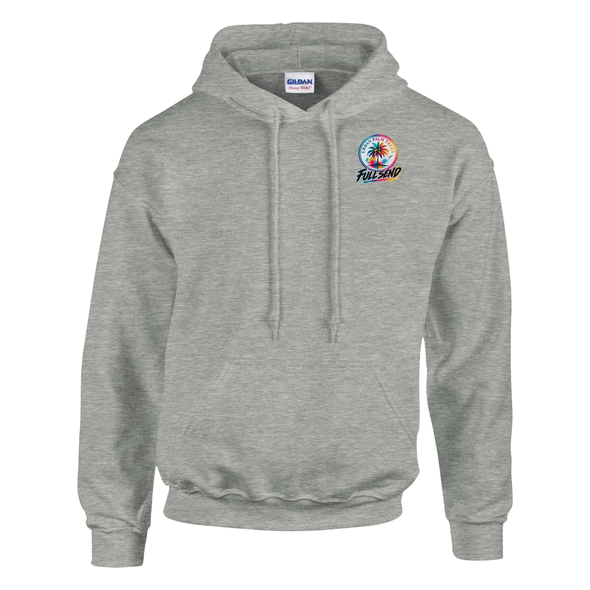 Gray men's streetwear hoodie featuring a colorful circular Urban Palm Trees Full Send logo on the chest with matching drawstrings.