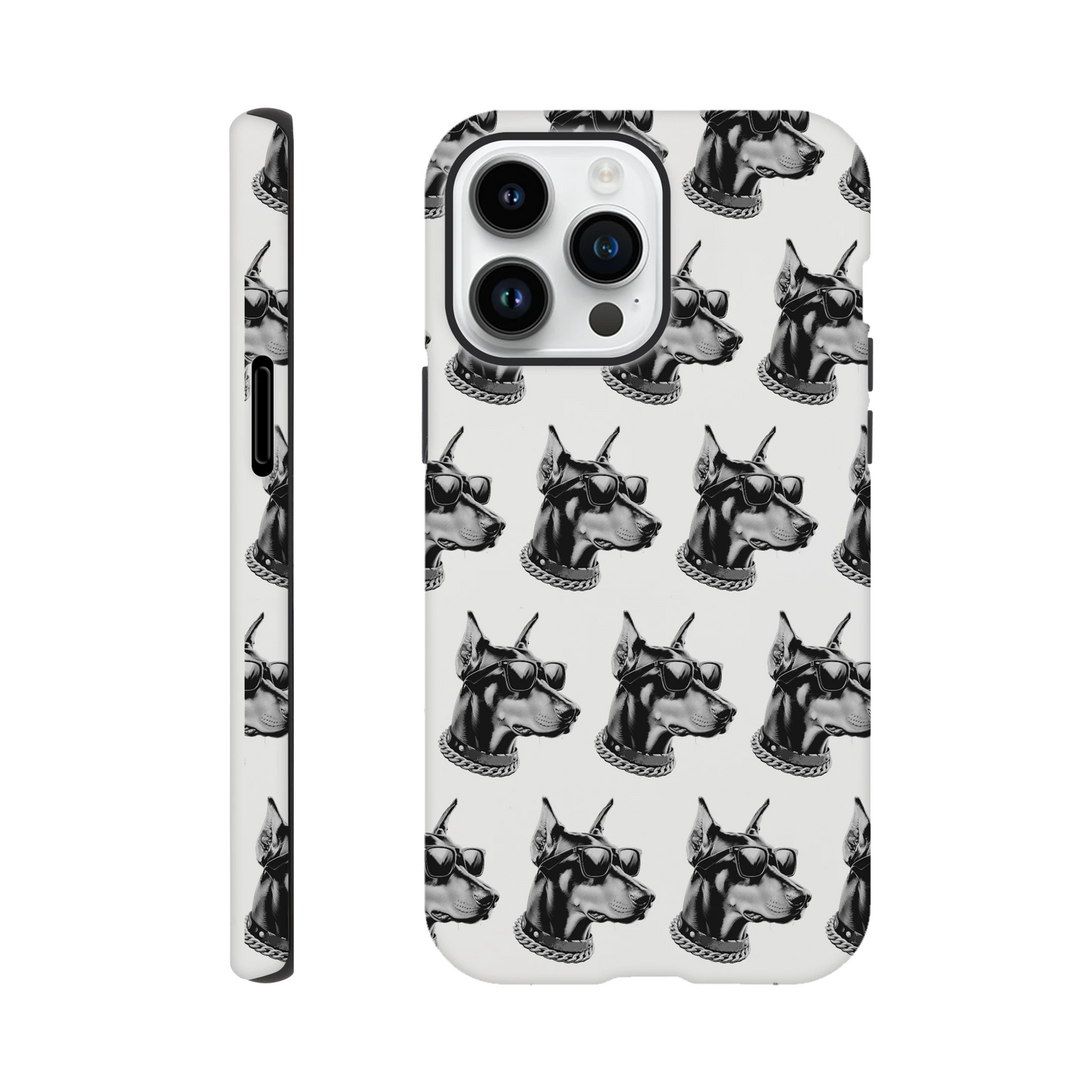 Gangster dog wraparound print phone case for iPhone 16/15/14/13, glossy dual-layer protection.