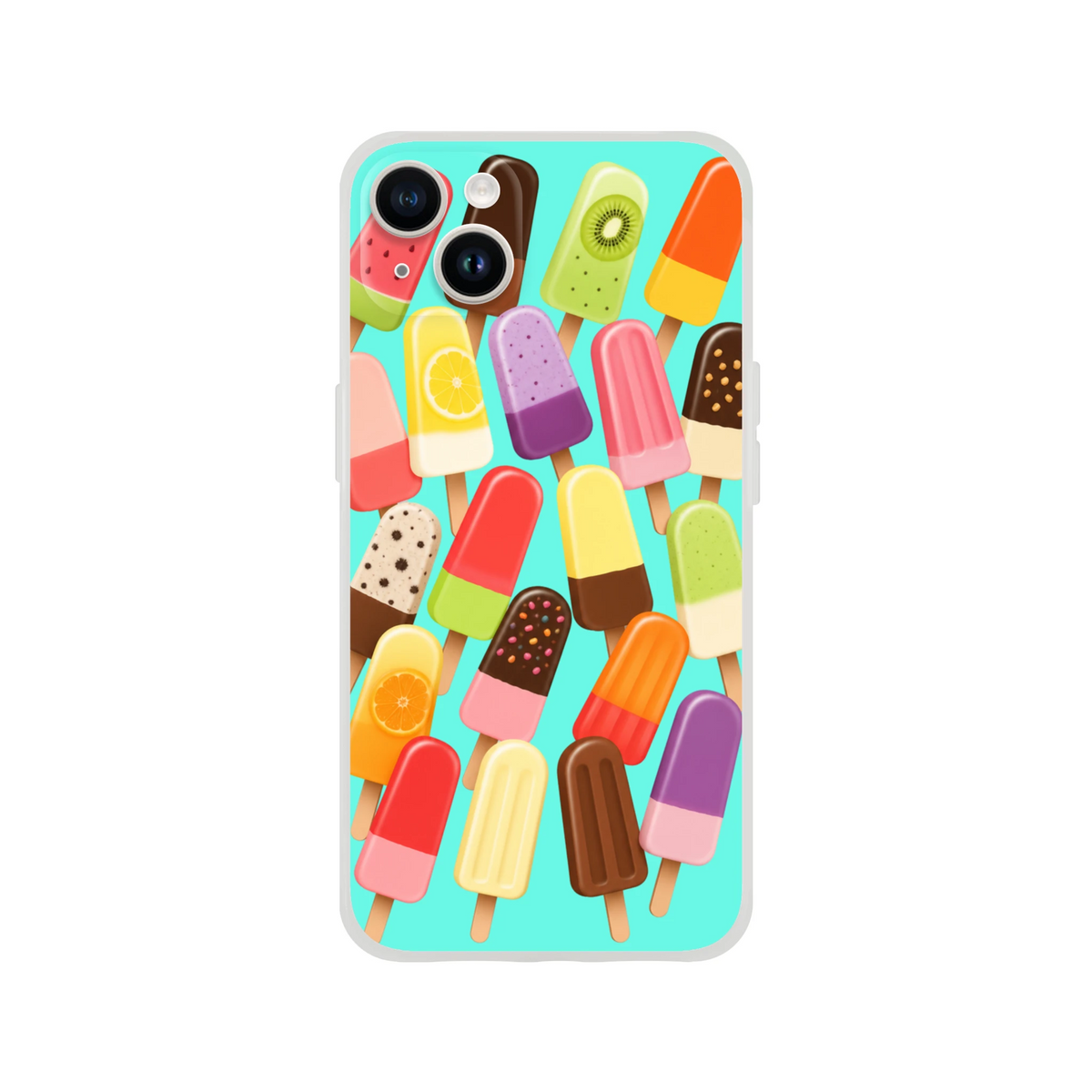 Colorful retro popsicle phone case featuring assorted fruit and chocolate ice lollies on a teal background for iPhone 13-16.