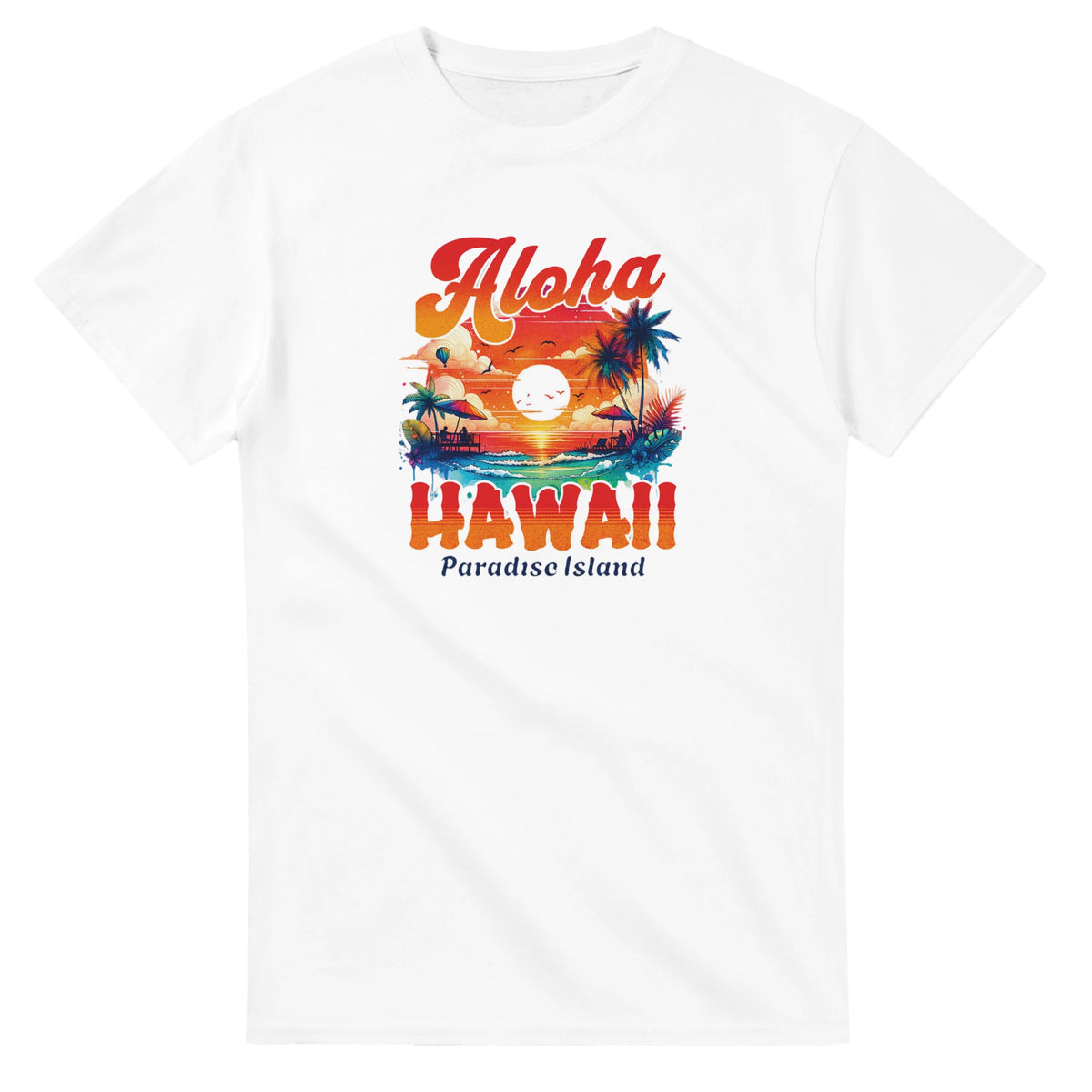 White T-shirt with tropical Aloha Hawaii graphic, sunset over palm trees and Paradise Island text.