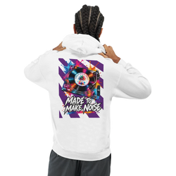 White men's hoodie featuring a colorful retro turntable graphic and "Made To Make Noise" text on the back.