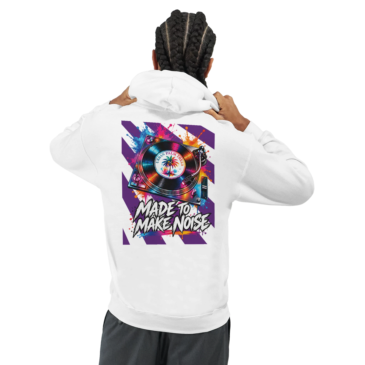 White men's hoodie featuring a colorful retro turntable graphic and "Made To Make Noise" text on the back.