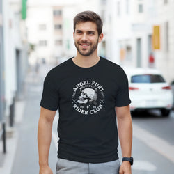 Man wearing black Angel Fury Rider Club biker skull tee with bold underground graphics for city street style.