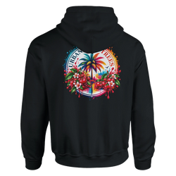 Black hoodie featuring a vibrant retro tropical back print with a palm tree, red cherries, and flowers.