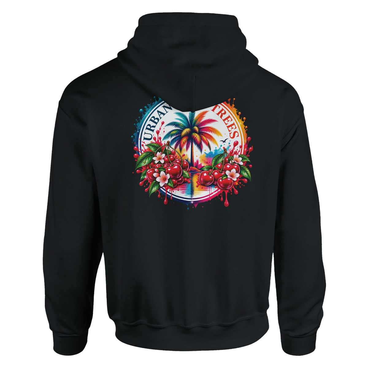 Black hoodie featuring a vibrant retro tropical back print with a palm tree, red cherries, and flowers.