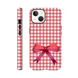 Red gingham iPhone case with a large pink bow design, offering tough protection and cute coquette style for iOS 13-16 devices.