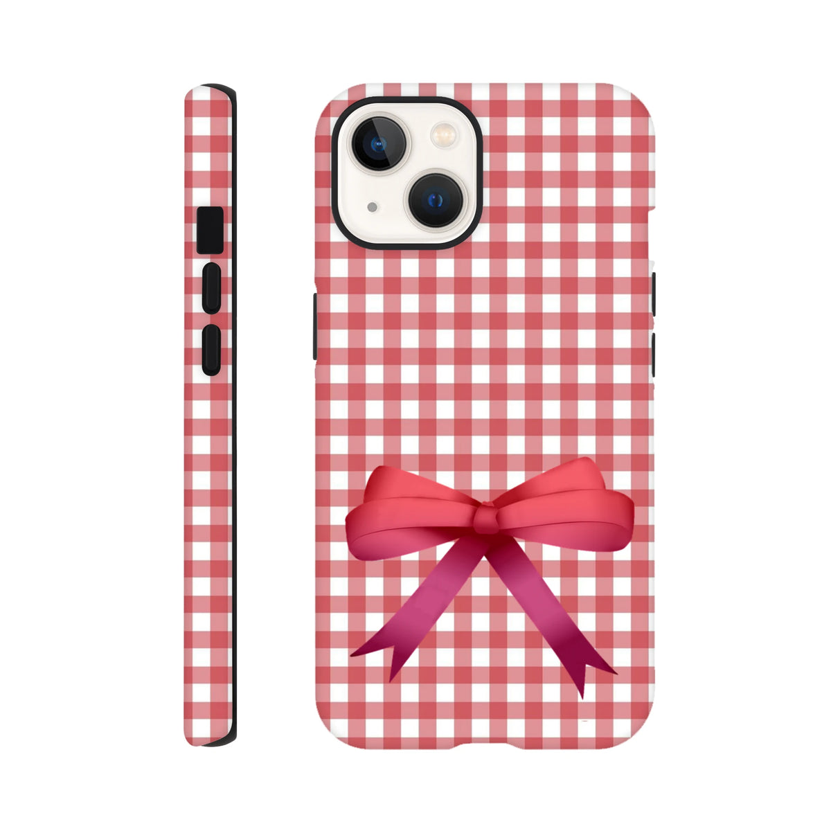 Red gingham iPhone case with a large pink bow design, offering tough protection and cute coquette style for iOS 13-16 devices.