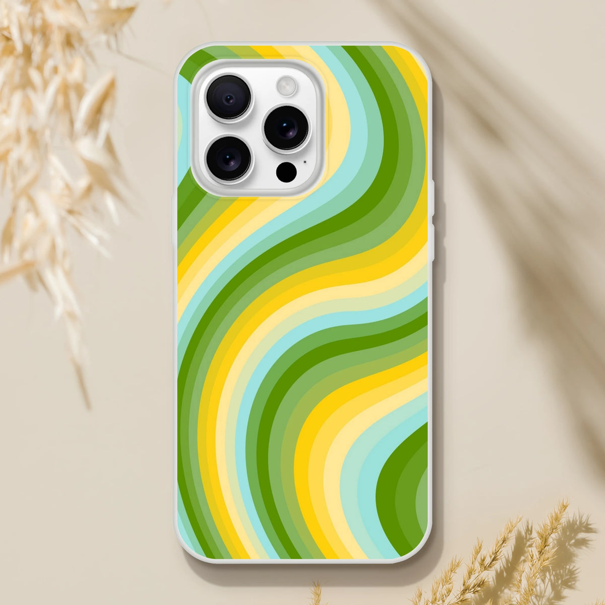 Retro green-yellow wave iPhone case for 13-16, slim flexible shell with matte finish and groovy swirl design.