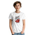 White women's graphic tee featuring Silent Please lips logo with red lips, worn by model.