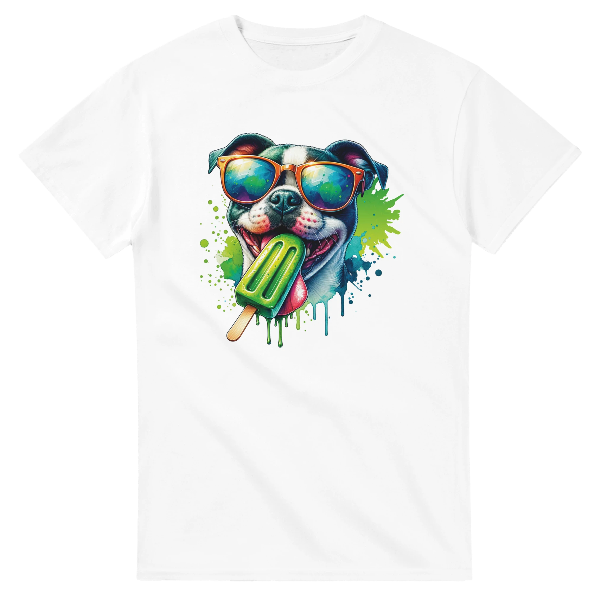 Chill Dog T-Shirt graphic: colorful dog wearing sunglasses, licking a green popsicle on a white cotton tee.