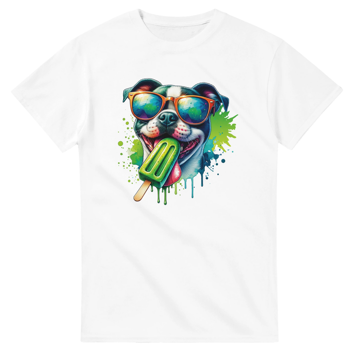 Chill Dog T-Shirt graphic: colorful dog wearing sunglasses, licking a green popsicle on a white cotton tee.