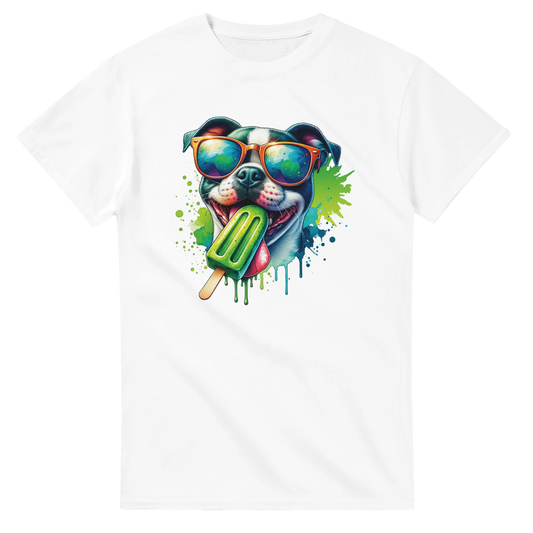Chill Dog T-Shirt graphic: colorful dog wearing sunglasses, licking a green popsicle on a white cotton tee.