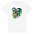 Chill Dog T-Shirt graphic: colorful dog wearing sunglasses, licking a green popsicle on a white cotton tee.