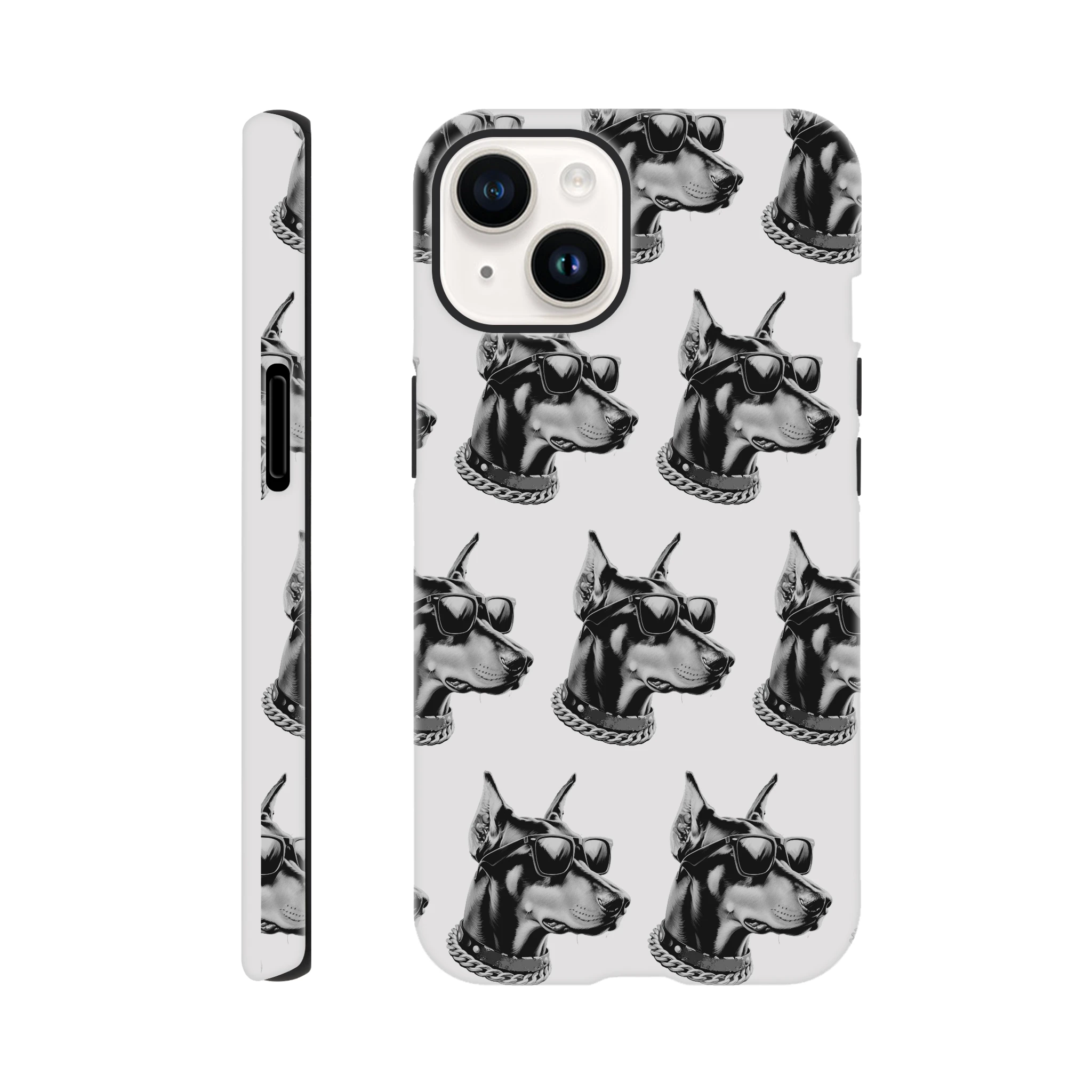 Gangster dog two-layer protective phone case with wraparound print for iPhone 16, 15, 14, 13, glossy finish.