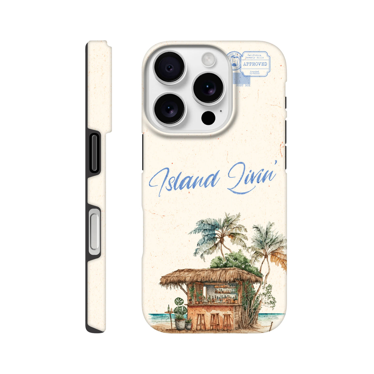 Vintage-style iPhone case featuring a thatched island beach bar illustration under palm trees and blue "Island Livin'" script text.