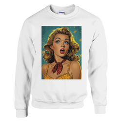 Retro pop art woman portrait on a white men's sweatshirt, vintage comic-style graphic jumper for streetwear.
