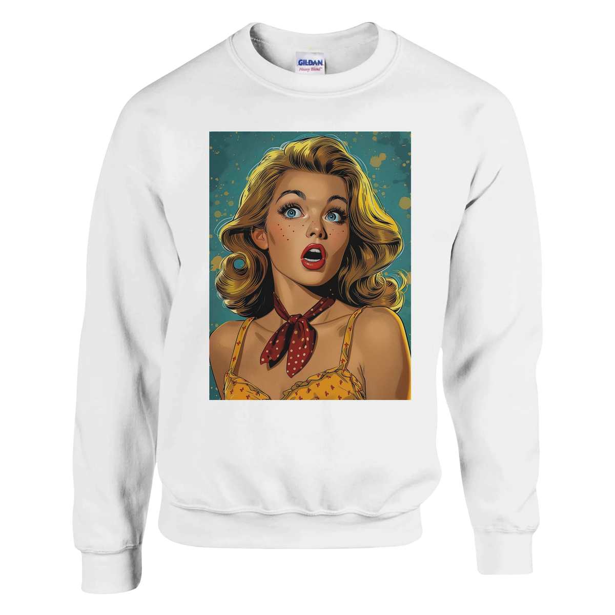 Retro pop art woman portrait on a white men's sweatshirt, vintage comic-style graphic jumper for streetwear.