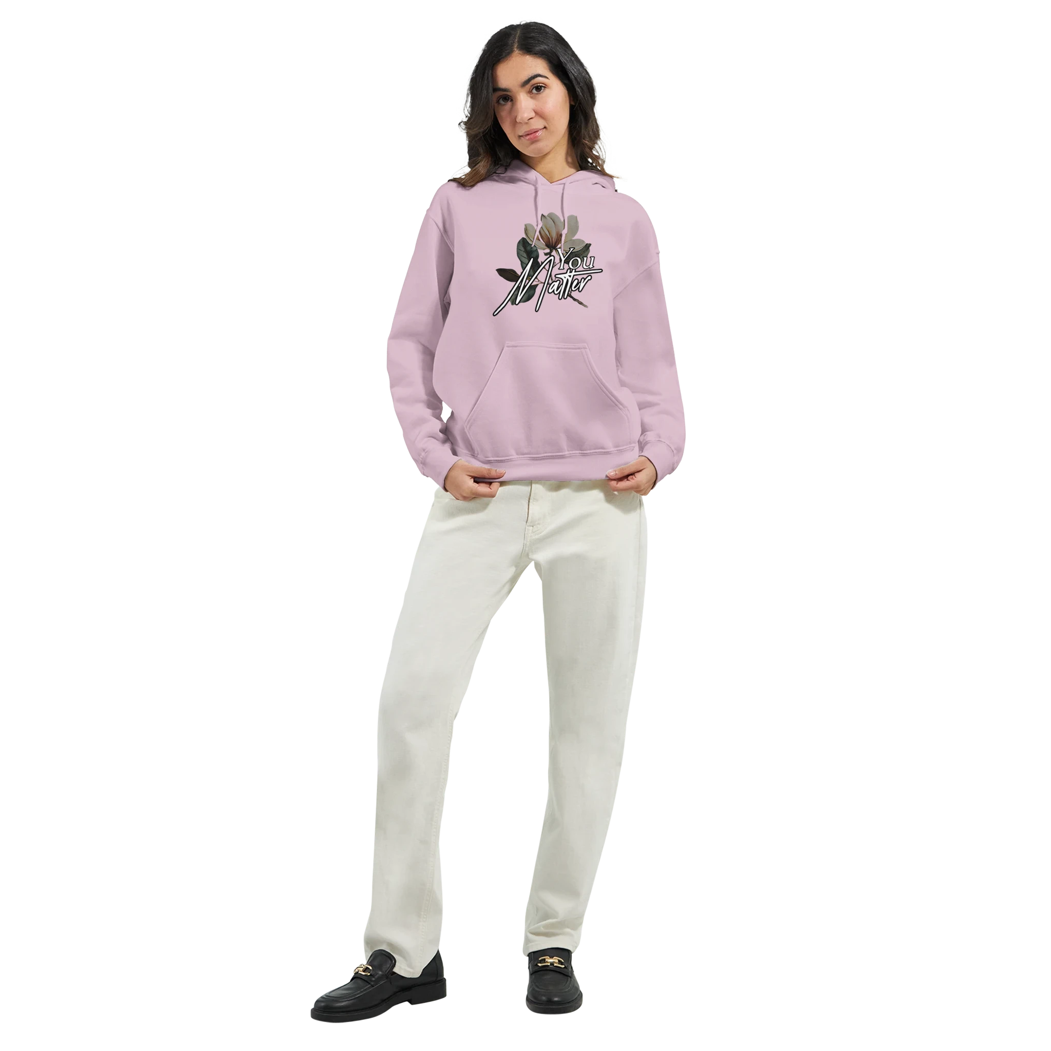Woman wearing lavender You Matter slogan hoodie with front pocket; soft 50/50 cotton-poly blend.