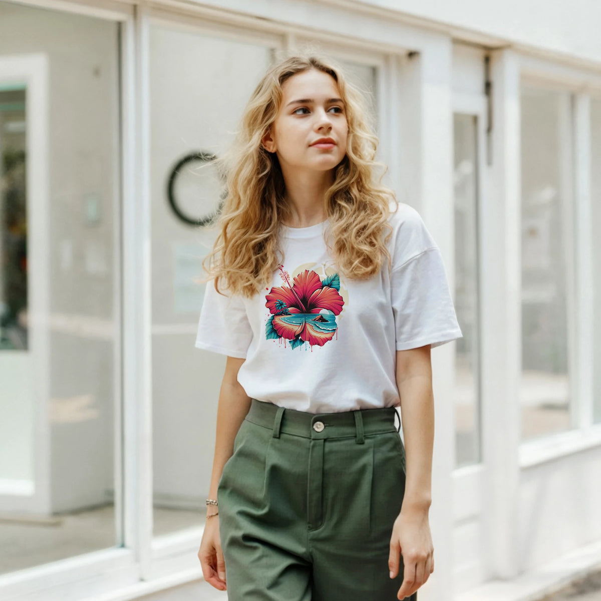 Cute hibiscus T-shirt for women with tropical floral print, retro aesthetic summer top.