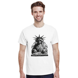 White men's tee featuring a black and white graphic of the Statue of Liberty wearing headphones and mixing on a DJ deck.