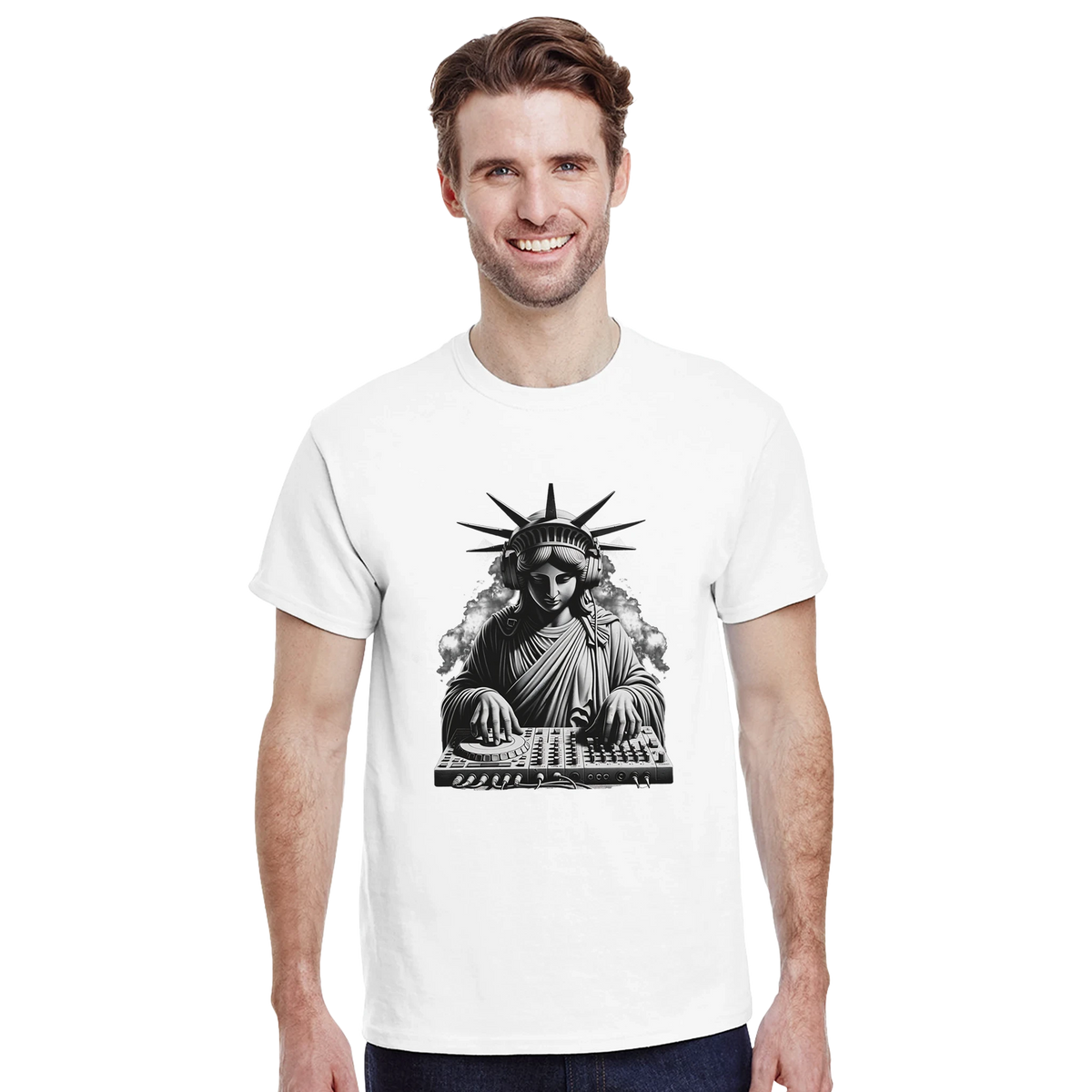 White men's tee featuring a black and white graphic of the Statue of Liberty wearing headphones and mixing on a DJ deck.